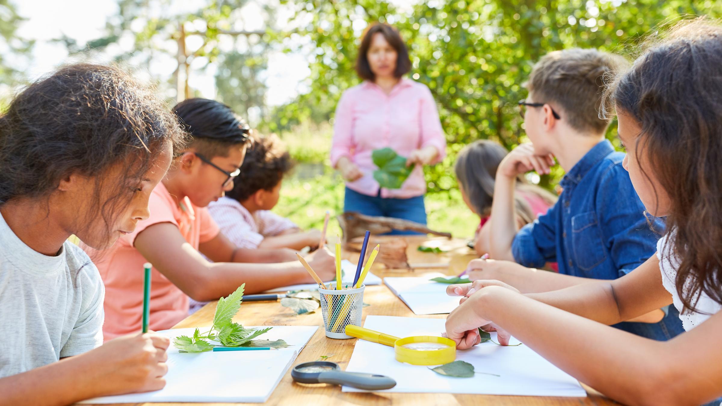 Students outdoors with plant samples and magnifying glassesl