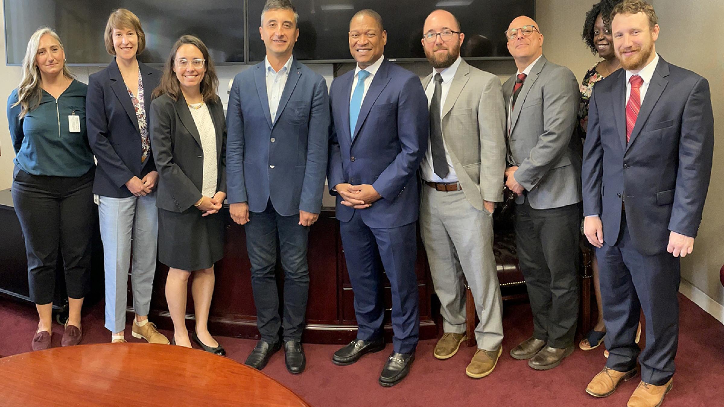 North Carolina State professor Dr. Adrienne Tucker (left) and Turkish scientist Dr. Kemal Melih Taskin (center) meet the FAS Global Leadership Program officials and FAS leadership, including Administrator Daniel Whitely (right of Dr. Taskin) and Associate Administrator Brooke Jamison (left of Dr. Taskin).