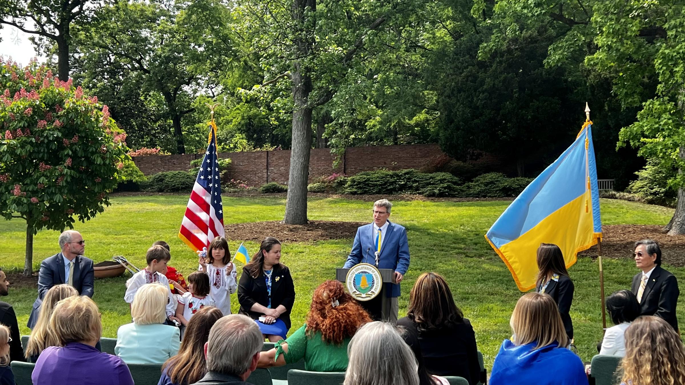 Acting Deputy Under Secretary Jason Hafemeister speaks at the U.S.-Ukraine Memorial Tree Planting Ceremony.