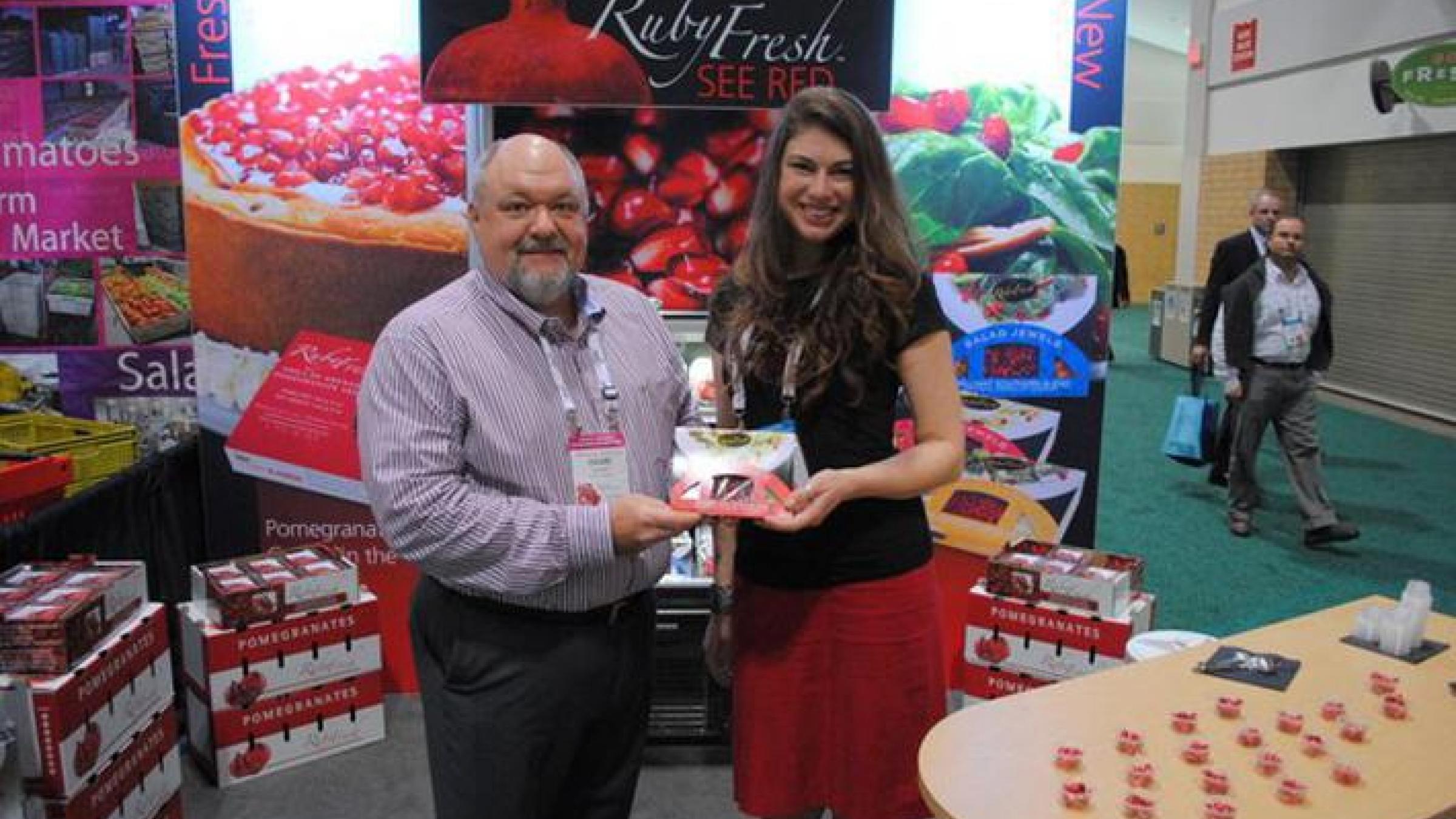 Seen here are David Anthony and Antonia Praljak of Oro Loma Ranch/Ruby Fresh Pomegranate. They are proudly promoting their new “Salad Jewels“ product line, which was introduced at the 2013 Canadian Produce Marketing Association (CPMA) trade show. Seen here are David Anthony and Antonia Praljak of Oro Loma Ranch/Ruby Fresh Pomegranate. They are proudly promoting their new “Salad Jewels“ product line, which was introduced at the 2013 Canadian Produce Marketing Association (CPMA) trade show.