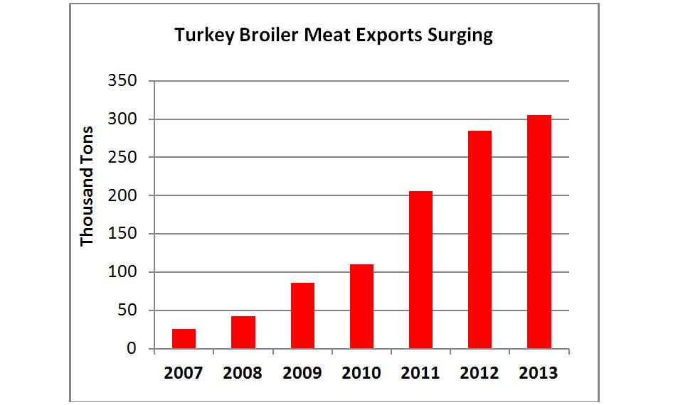 Bar chart showing the surge of Turkish broiler meat exports from 25 thousand tons in 2007 to over 300 thousands tons in 2013 Bar chart showing the surge of Turkish broiler meat exports from 25 thousand tons in 2007 to over 300 thousands tons in 2013