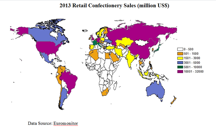 Map of the U.S. showing 2013 retail confectionery sales by country. Russia, China and Brazil rank among the largest buyers Map of the U.S. showing 2013 retail confectionery sales by country. Russia, China and Brazil rank among the largest buyers