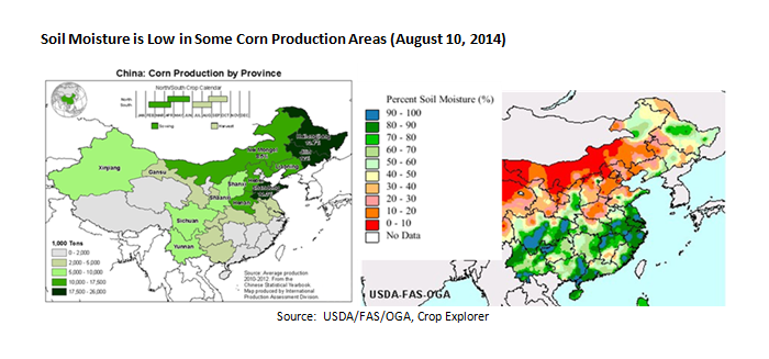 A map of China showing corn production, with most occurring in the northern provinces, compared with a map of soil moisture in China, with the driest provinces in the north. A map of China showing corn production, with most occurring in the northern provinces, compared with a map of soil moisture in China, with the driest provinces in the north.