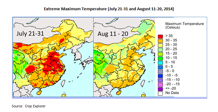 This image shows two maps of Northeast China and the maximum temperatures in the region from July 21-31 and August 11-20. This image shows two maps of Northeast China and the maximum temperatures in the region from July 21-31 and August 11-20.