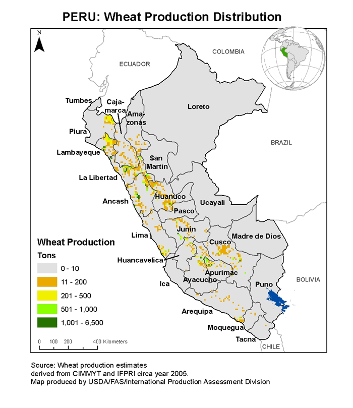 Map of Peru showing wheat production distribution. Most of the production is central and to the West. Map of Peru showing wheat production distribution. Most of the production is central and to the West.