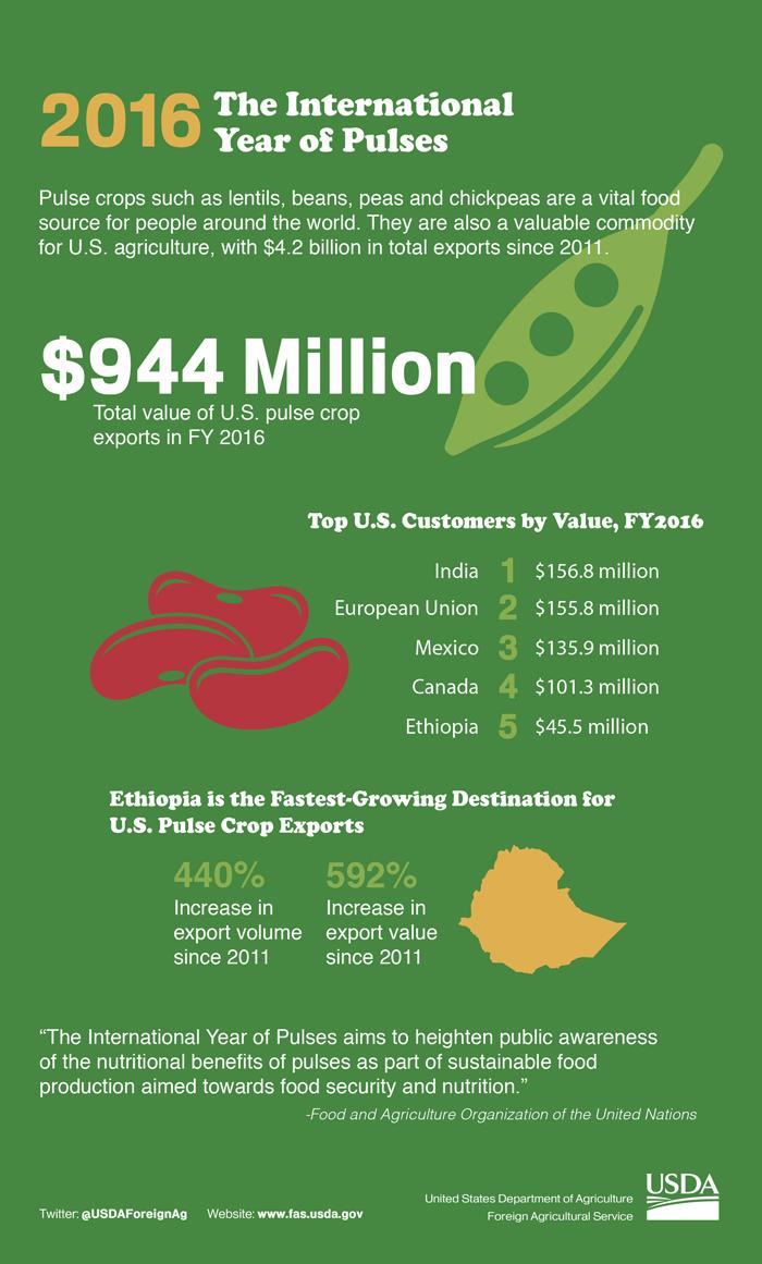 Infographic discussing pulse crops role in sustainable food production and food security, as well as their contributing $944 million to total U.S. ag exports in 2016. Infographic discussing pulse crops role in sustainable food production and food security, as well as their contributing $944 million to total U.S. ag exports in 2016.