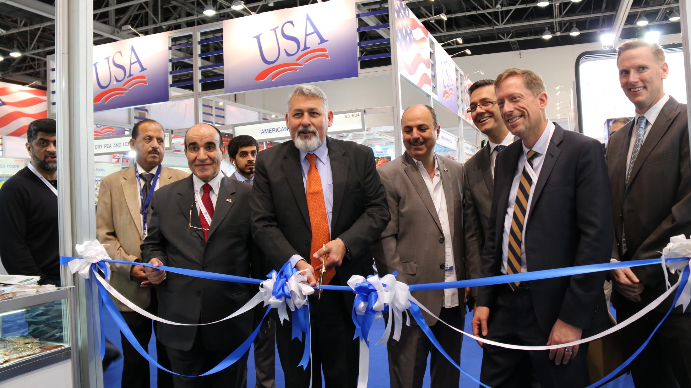 U.S. Consul General Paul Malik officially cuts the opening ribbon for the USA Pavilion at Gulfood 2017. U.S. Consul General Paul Malik officially cuts the opening ribbon for the USA Pavilion at Gulfood 2017.