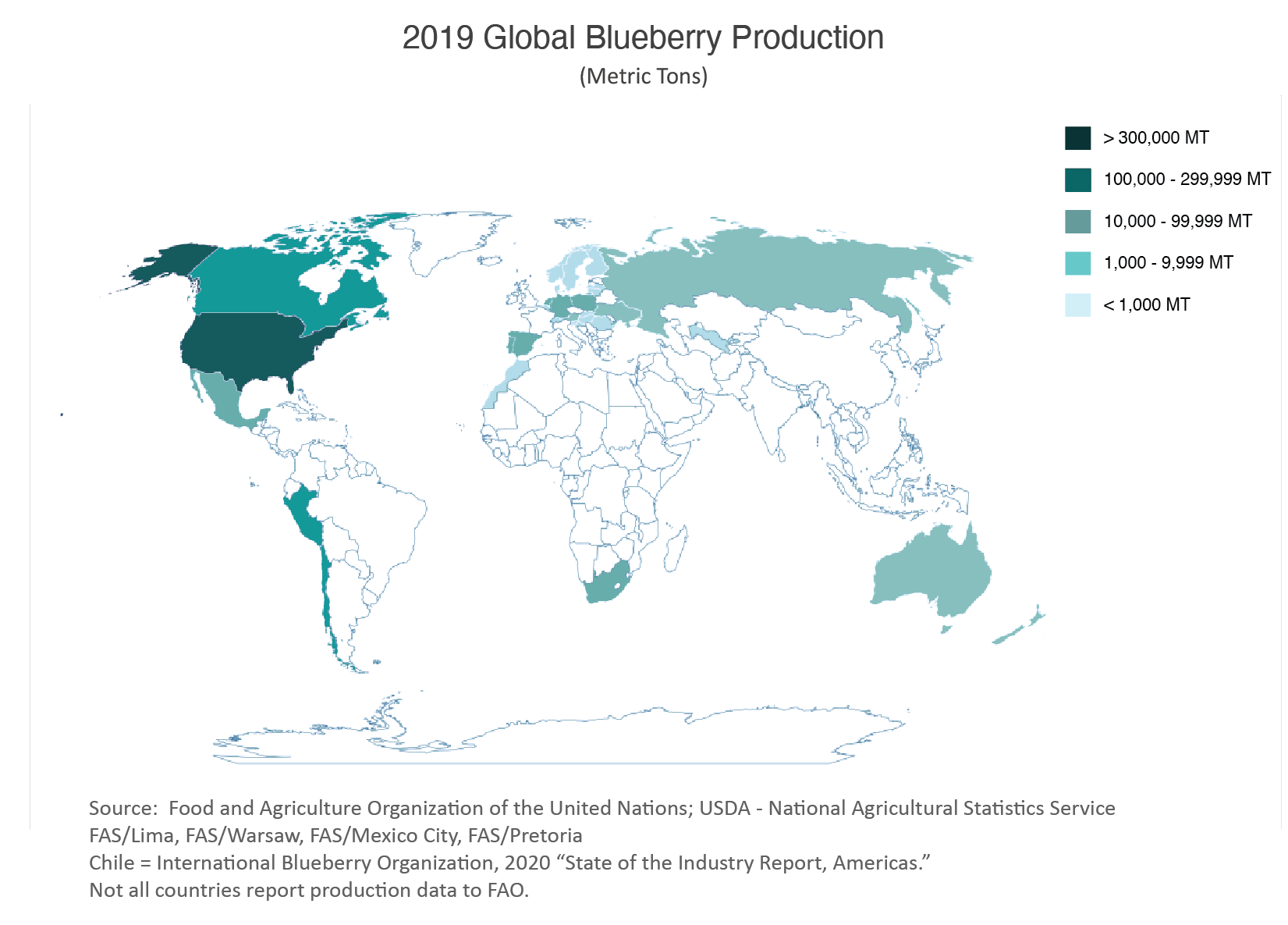 Map showing blueberry production by country. Most of it is in North America with the U.S. being the highest producer.